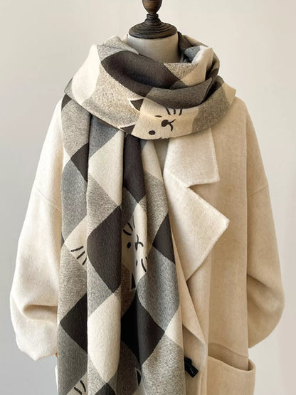 Cute Cat Pattern Plaid Raw Hem Scarf