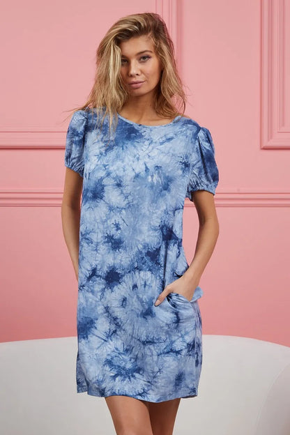 BiBi Puff Sleeve With Side Pockets Tie Dye Dress