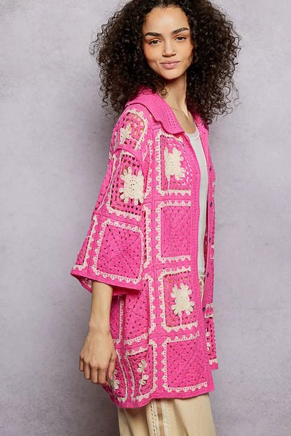 POL Button Down Openwork Floral Crochet Shirt with Granny Square Pattern