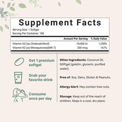 Vitamin D3 K2 Softgels 10,000 IU D3 200 Mcg K2 With Coconut Oil Immune Bone Health Support Non-GMO, Gluten-Free180 Softgels
