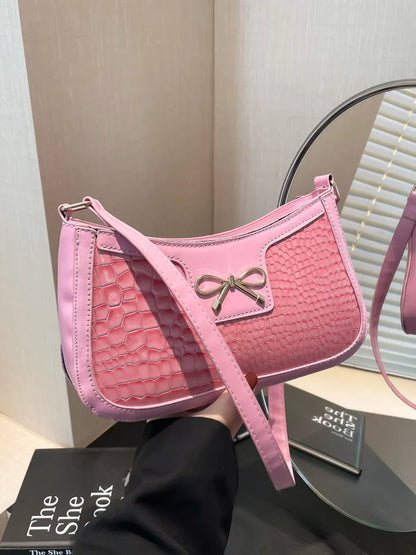 Crocodile Pattern Shoulder Bag with Bow Detail