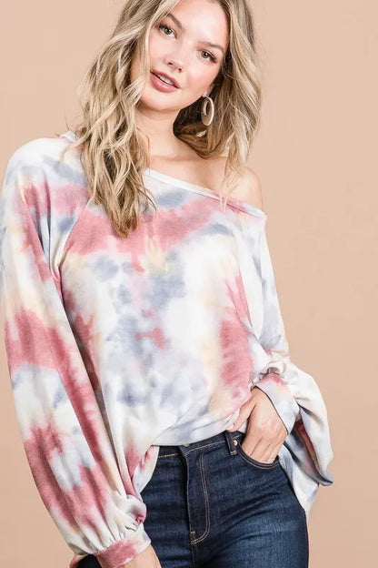 BiBi Tie Dye Print Terry Top With Puff Sleeves