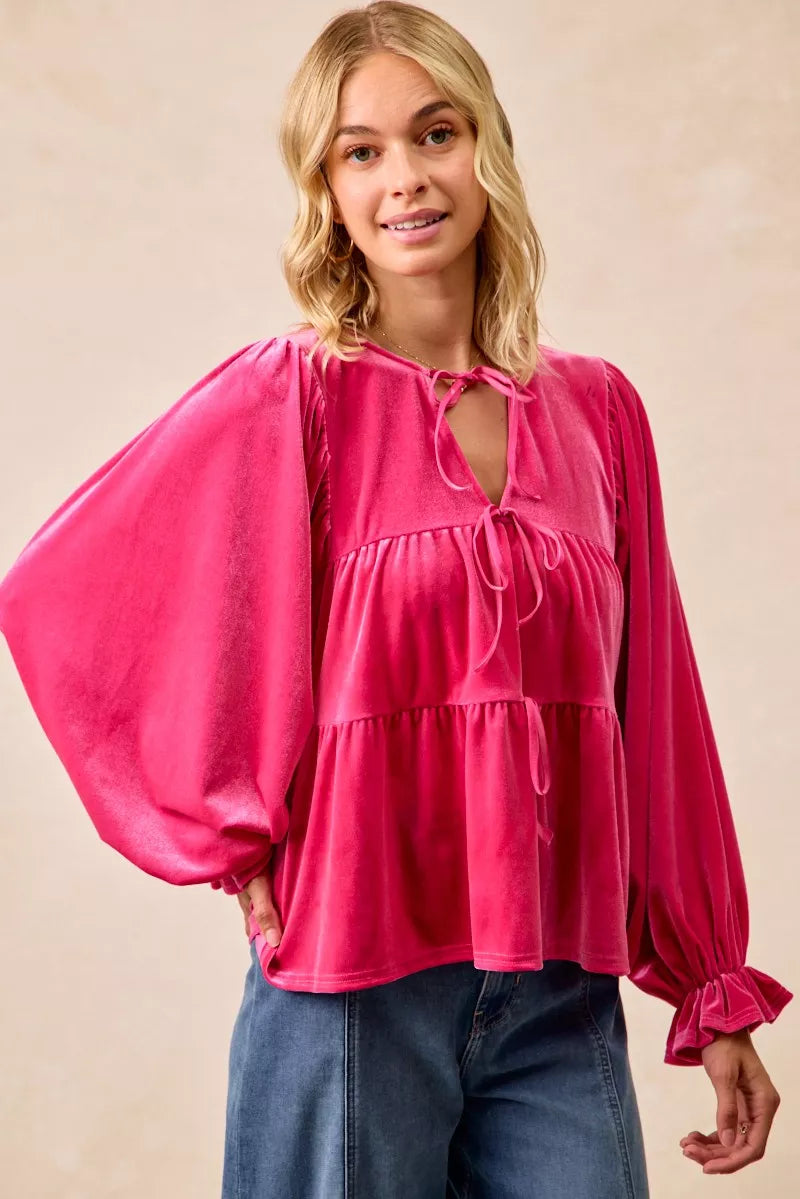 BiBi Christmas Theme Velvet Bow Tied Blouse