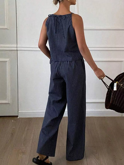 Striped Sleeveless Top and Wide-Leg Pants Set