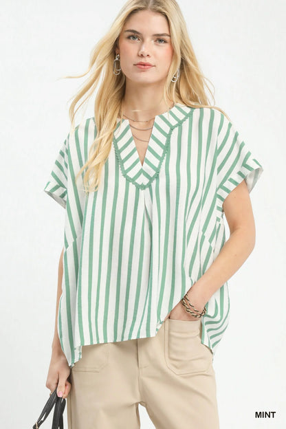Umgee Mixed Stripe Split Neck Oversized Blouse