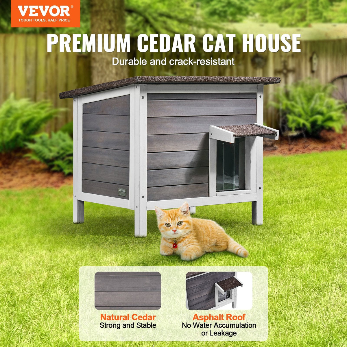 Outdoor Cat House Wooden Feral Cat Shelter With Roof & PVC Door Flaps