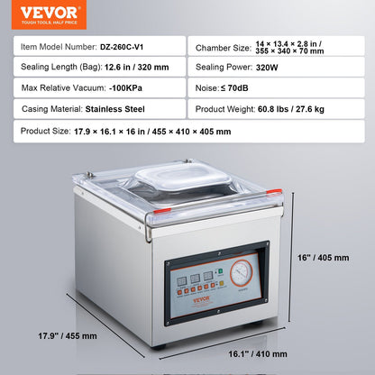 VEVOR Chamber Vacuum Sealer DZ-260C Kitchen Food Chamber Vacuum Sealer, 110V Packaging Machine Sealer For Food Saver, Home, Commercial Using