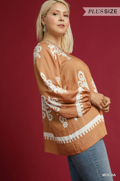 Umgee Full Size Two Tone Border Print Top with Balloon Sleeves Plus Size