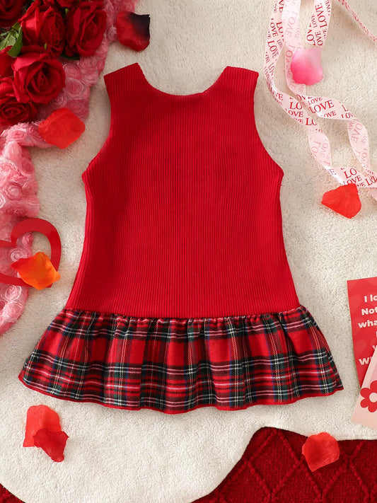 Children's Plaid Hem Corduroy Sleeveless Dress