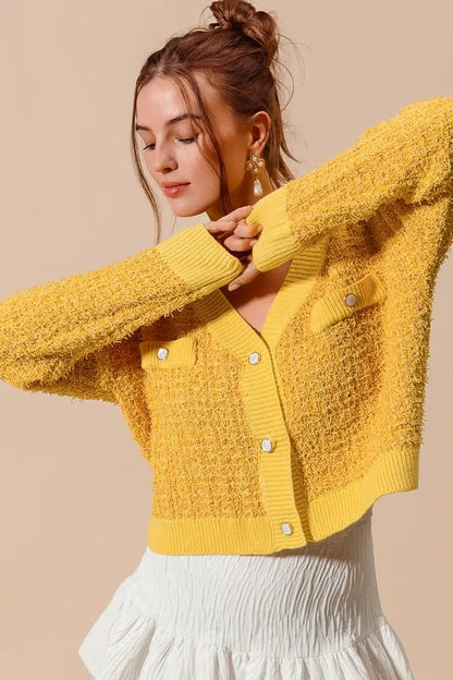 SO ME Frayed Tweed Knit Buttoned Front Cardigan