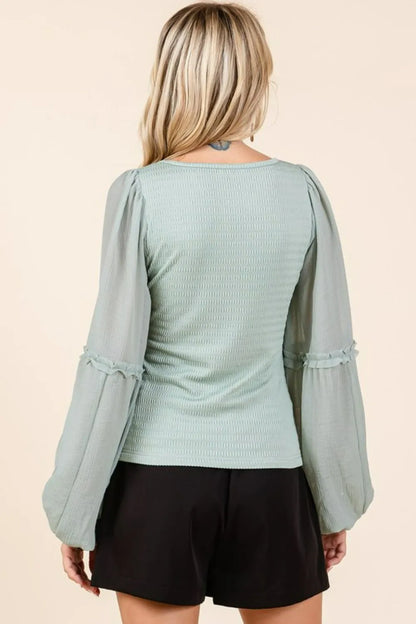Mittoshop Mixed Media Textured Knit Chiffon Long Sleeve Top