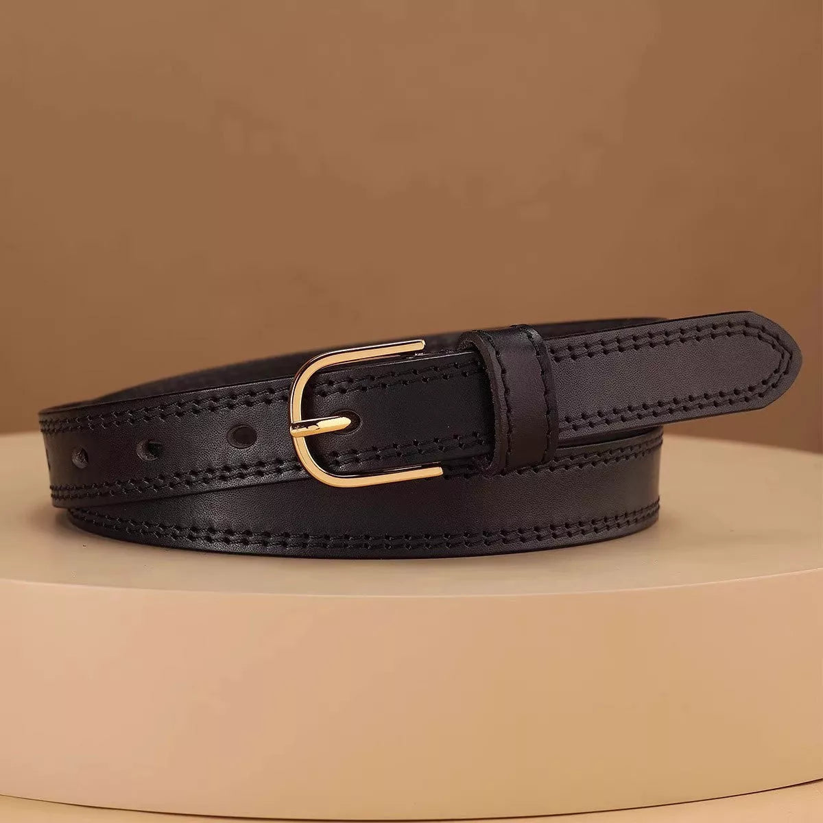 Classic Leather Belt with Golden Buckle