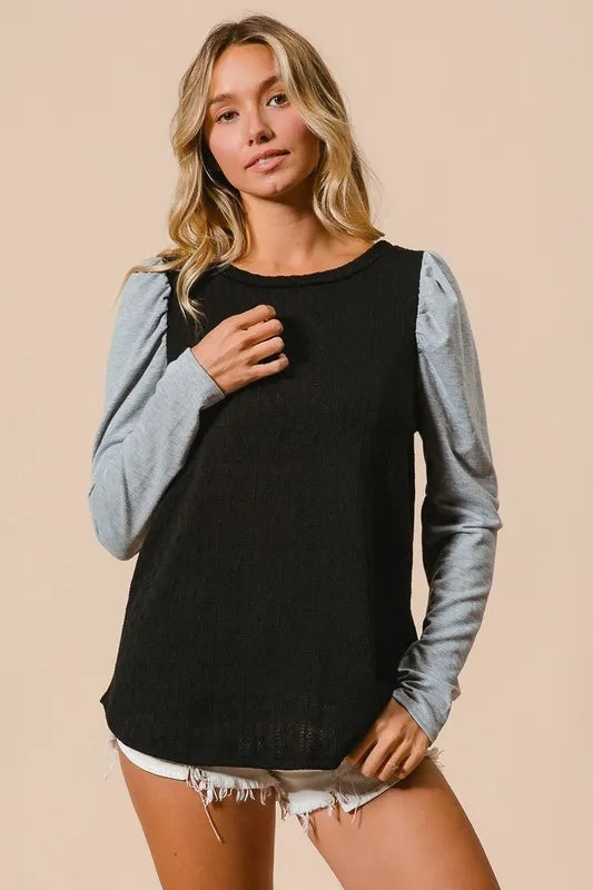 BiBi Cable Sweater Knit Top with Contrast Puff Sleeve