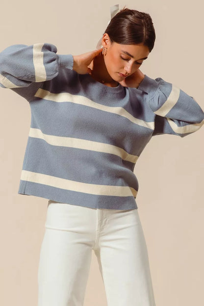 SO ME Ribbed Striped Round Neck Sweater