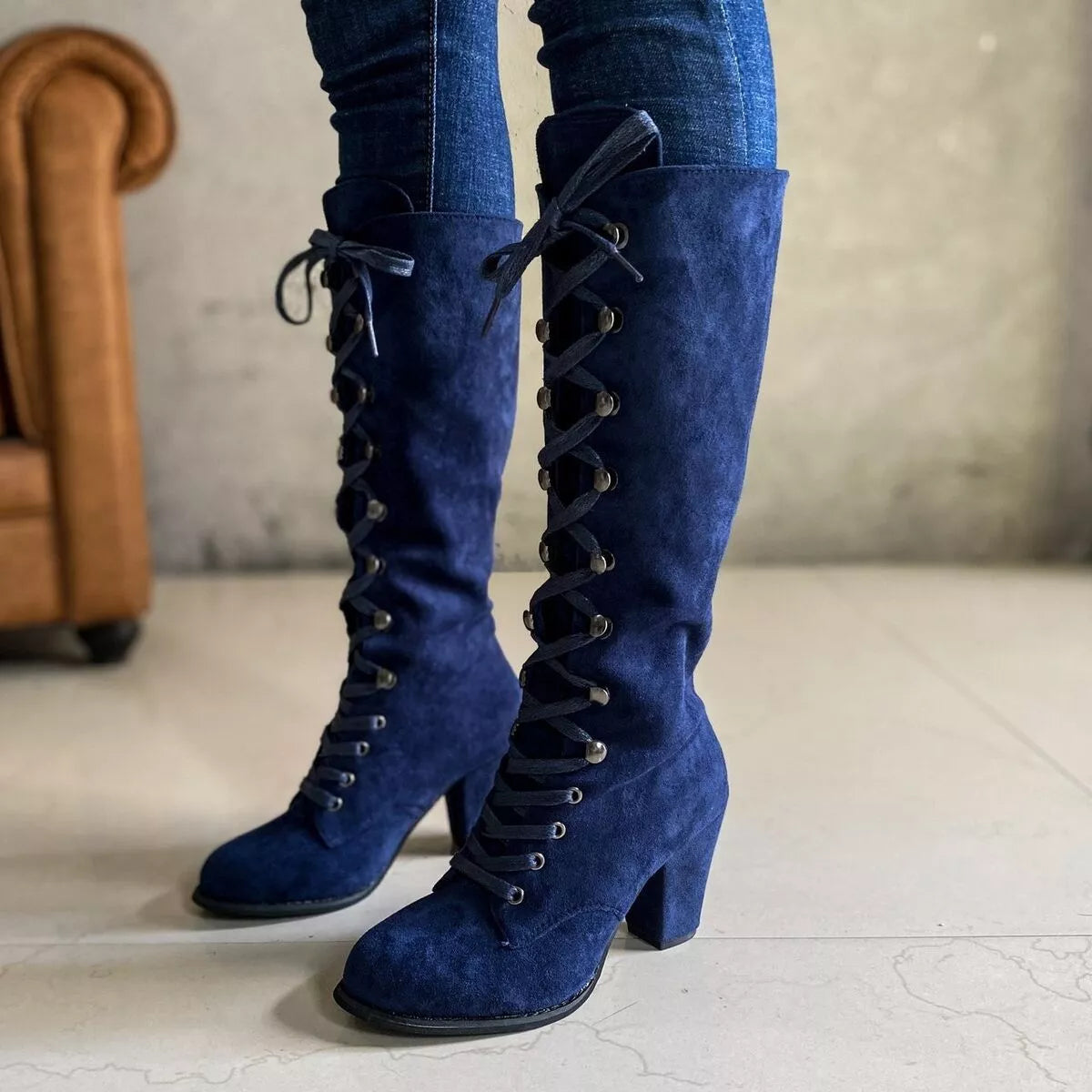 Lace Up Block Heels Boots