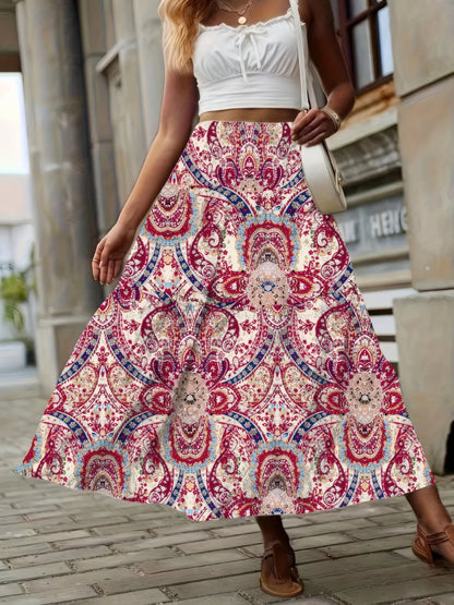 Smocked Printed High Waist Skirt