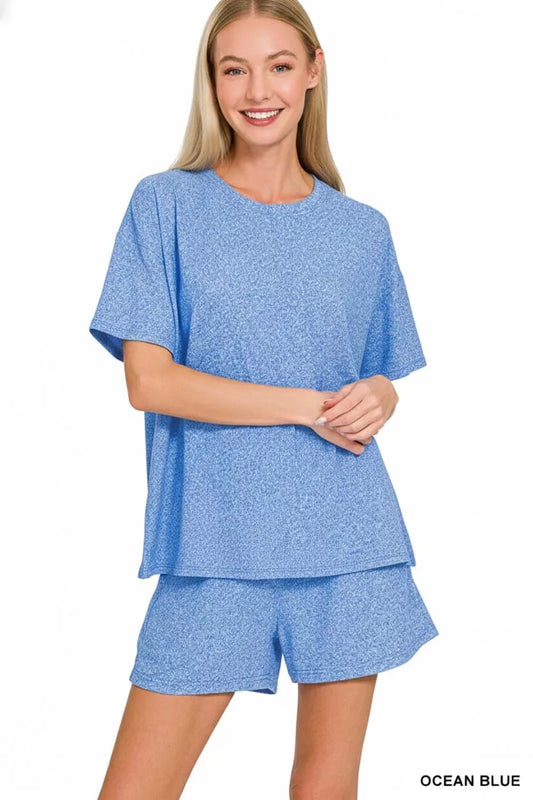 Zenana Soft Melange Short Sleeve Tee and Shorts Set