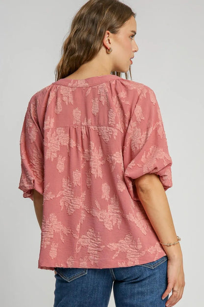 Umgee Full Size Notched Button Detail Half Sleeve Blouse Plus Size