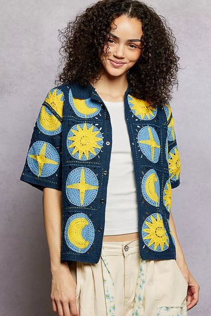 POL Openwork Short Sleeve Crochet Shirt