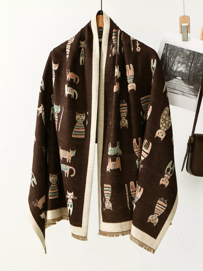 Cute Cat Pattern Raw Hem Scarf