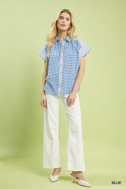 Umgee Mixed Gingham Short Sleeve Shirt