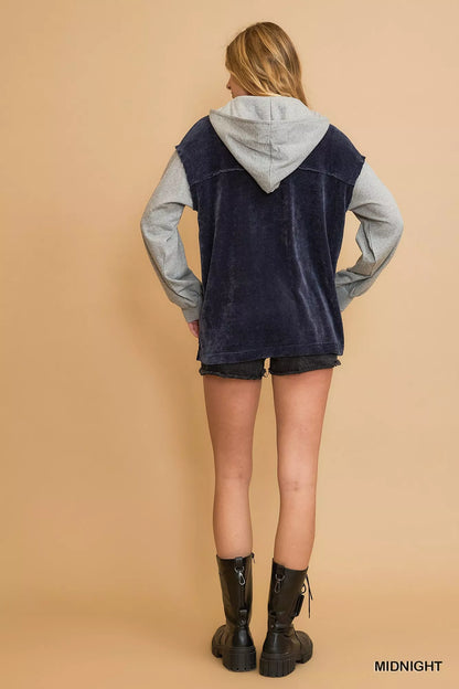 Umgee Contrast Hooded Chenille Jacket