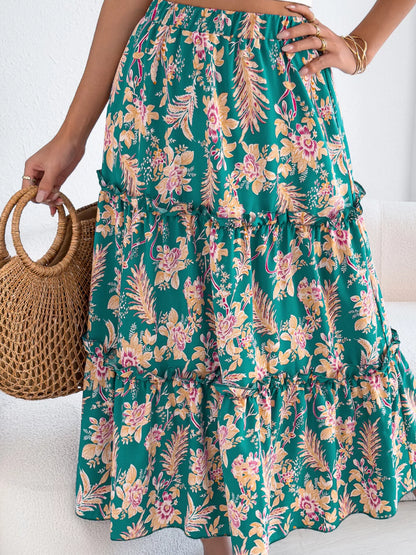 Floral Print Ruffle Hem Flowy Midi Skirt
