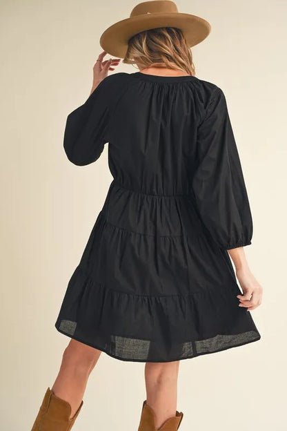 Aemi + Co Notched Balloon Sleeve Tiered Mini Dress