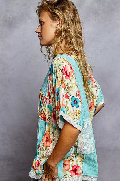 POL Lace Round Neck Short Sleeve Floral Pattern Top with Patch Detail