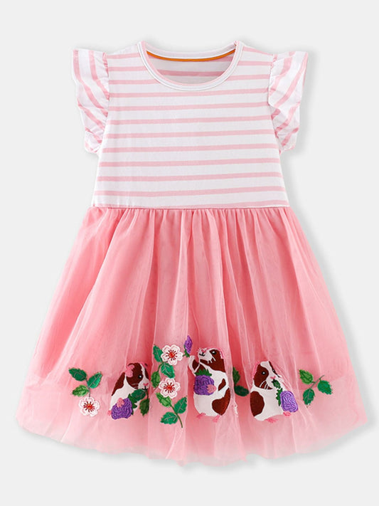 Children's Striped Top Tulle Guinea Pig Embroidered Dress