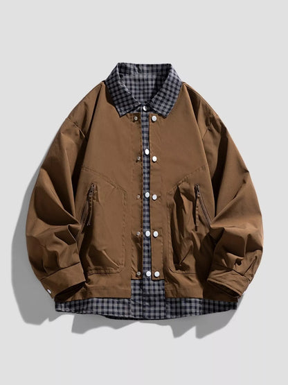 Men's Plus Size Plaid Trim Snap Down Casual Jacket