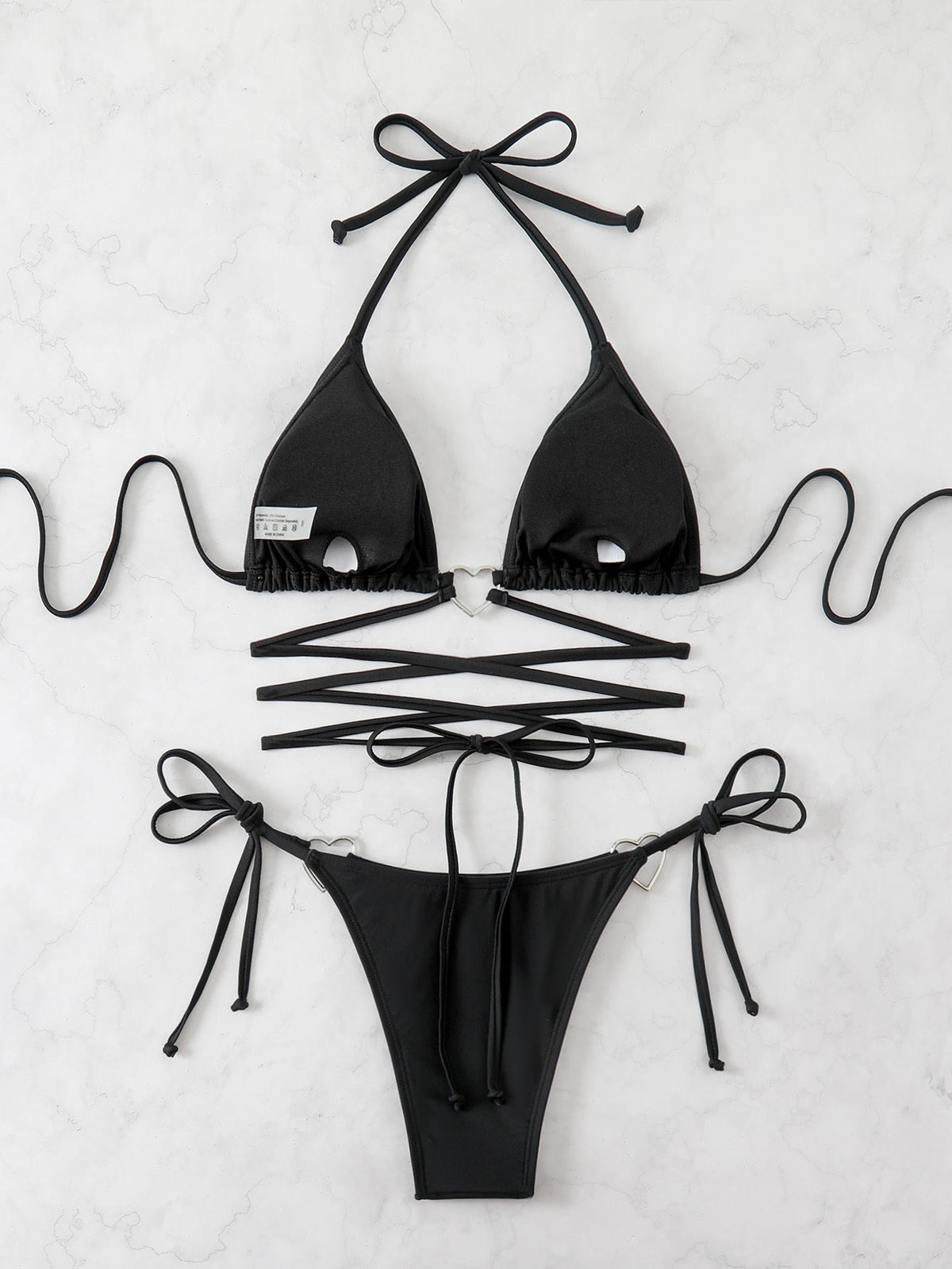 Women's Sexy Black Triangle Bikini Set With Lace-Up Top & Tie Side Bottom