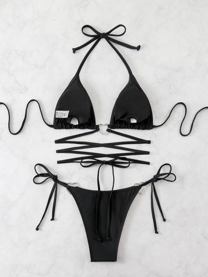 Women's Sexy Black Triangle Bikini Set With Lace-Up Top & Tie Side Bottom