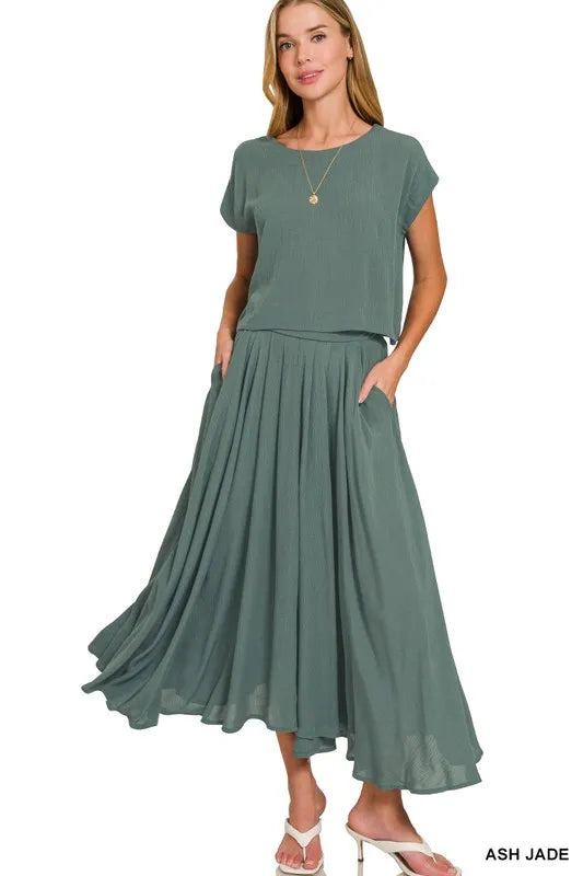 Zenana Woven Crinkle Gauze Crop Tee and Skirt Set