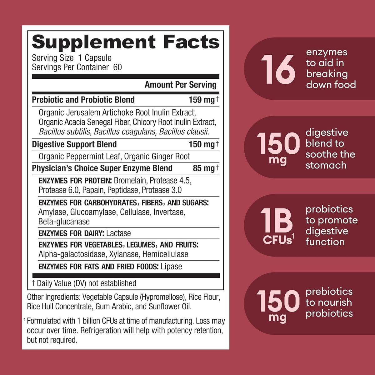 Digestive Enzymes With Prebiotics & Probiotics - 16-in-1 Multi-Enzyme Blend, 1 Billion CFU Probiotics, Supports Food Breakdown, Bloating Relief & Gut Function, 60 Capsules
