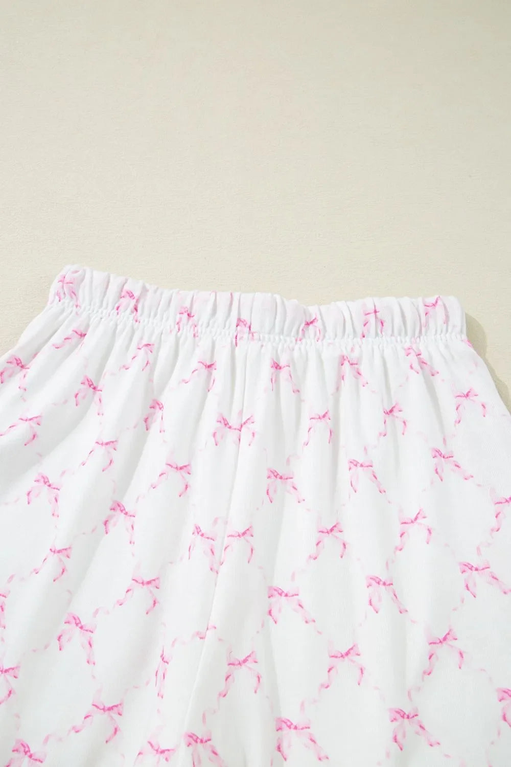 Bow Print Lettuce Trim Round Neck Top and Shorts Lounge Set