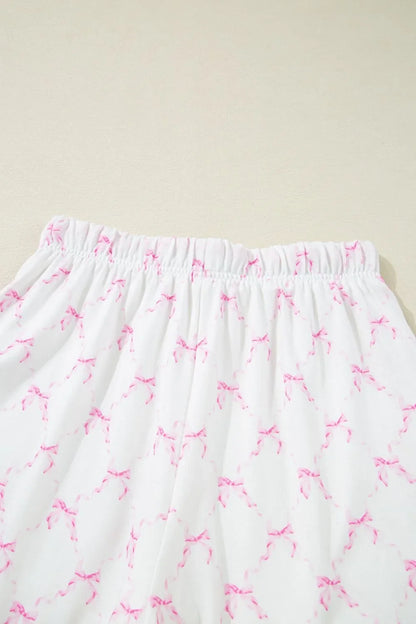 Bow Print Lettuce Trim Round Neck Top and Shorts Lounge Set