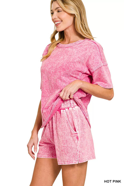 Zenana Halo Snow Washed Short Sleeve Tee and Shorts Set