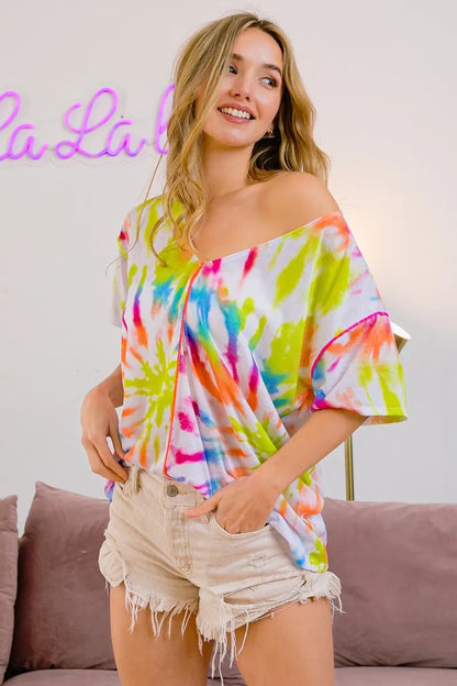 BiBi Tie Dye Print Jersey Stitched V Neck Top