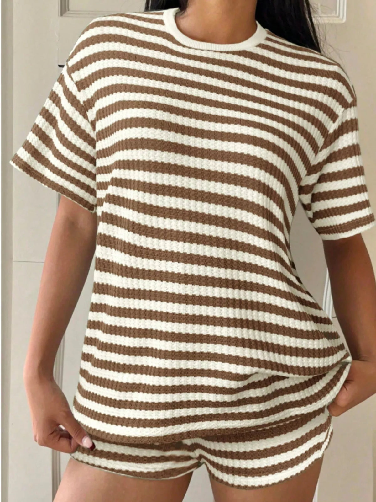 Striped Round Neck Top and Shorts Set