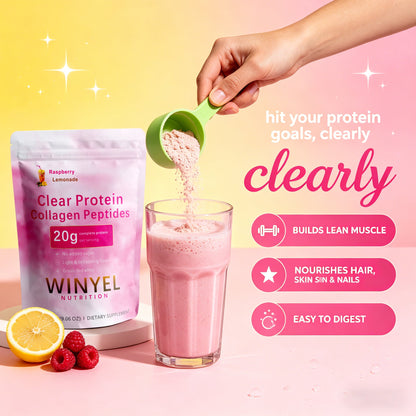 WINYEL Nutrition Clear Protein Collagen Peptides, Raspberry Lemonade, 20g Protein, Zero Sugar, Grass-Fed Whey, 250g