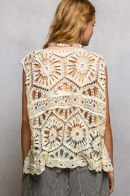 POL Openwork Round Neck Floral Crochet Tank