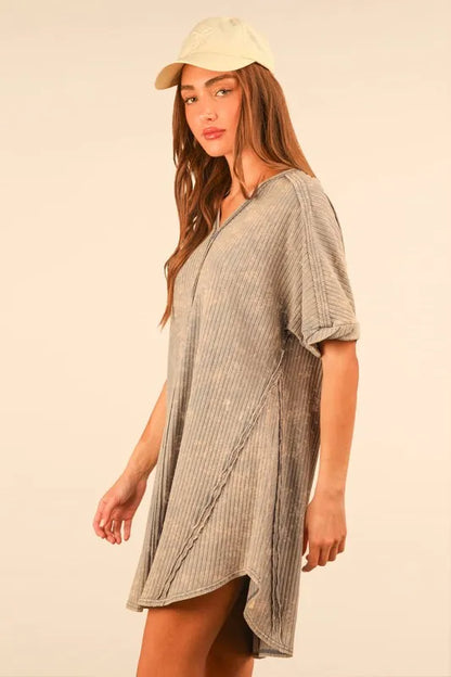VERY J Plus Size Mineral Washed Ribbed Knit Mini Dress