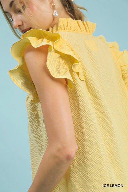 Umgee Textured Ruffle Sleeve V-Neck Blouse
