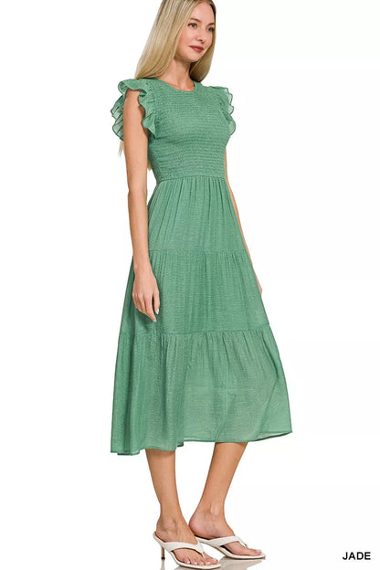 Zenana Woven Smocked Ruffle Sleeve Midi Dress