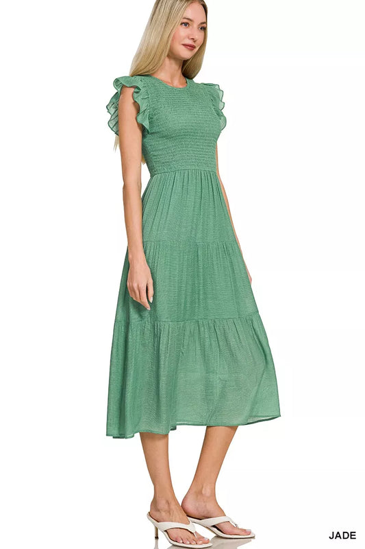 Zenana Woven Smocked Ruffle Sleeve Midi Dress