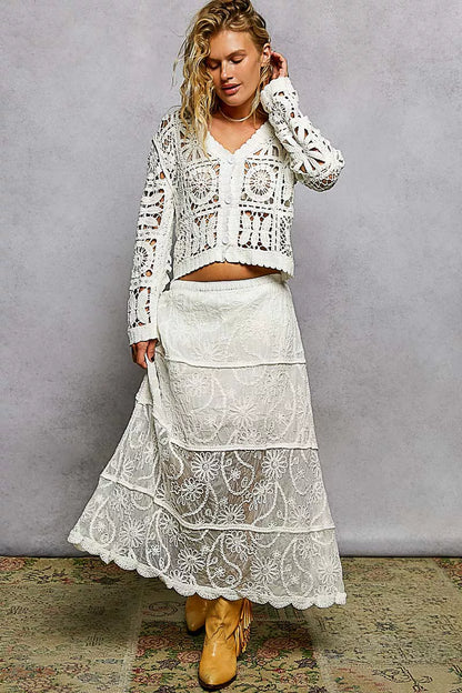 POL Button Down V-Neck Long Sleeve Cropped Crochet Cardigan