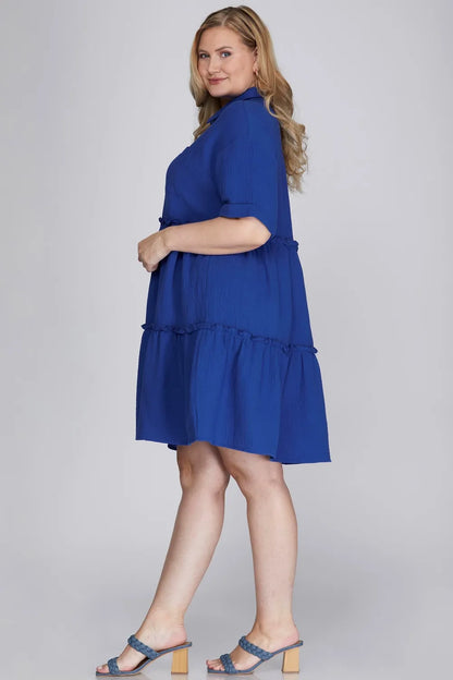 She + Sky Full Size Button Front Frill Tiered Mini Dress Plus Size