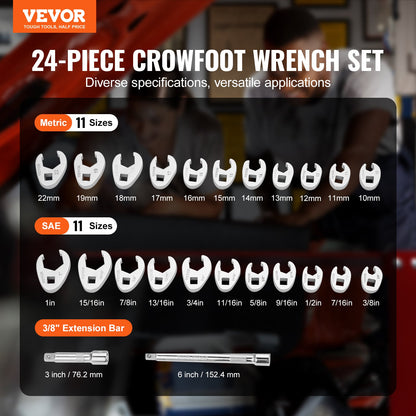 VEVOR Drive Crowfoot Wrench Set With 2 Extension Bars, 24-Piece Crows Foot Wrench Set, SAE  -1inch And Metric 10-22 Mm, CR-MO Steel Crowfoot Wrench Set, With EVA Tool Organizer