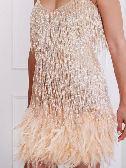 Full Size Sequin Fringe V-Neck Mini Dress Plus Size